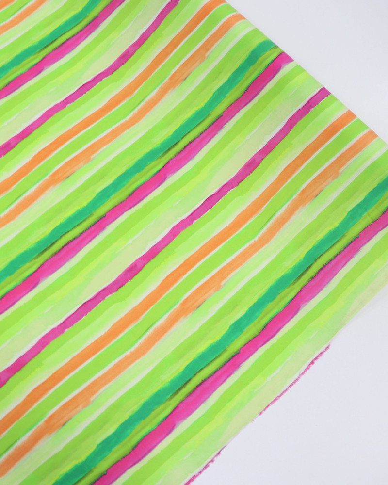 Tecido Viscose Italiano Listras em Aquarela Rosa, Coral e Tons de Verde