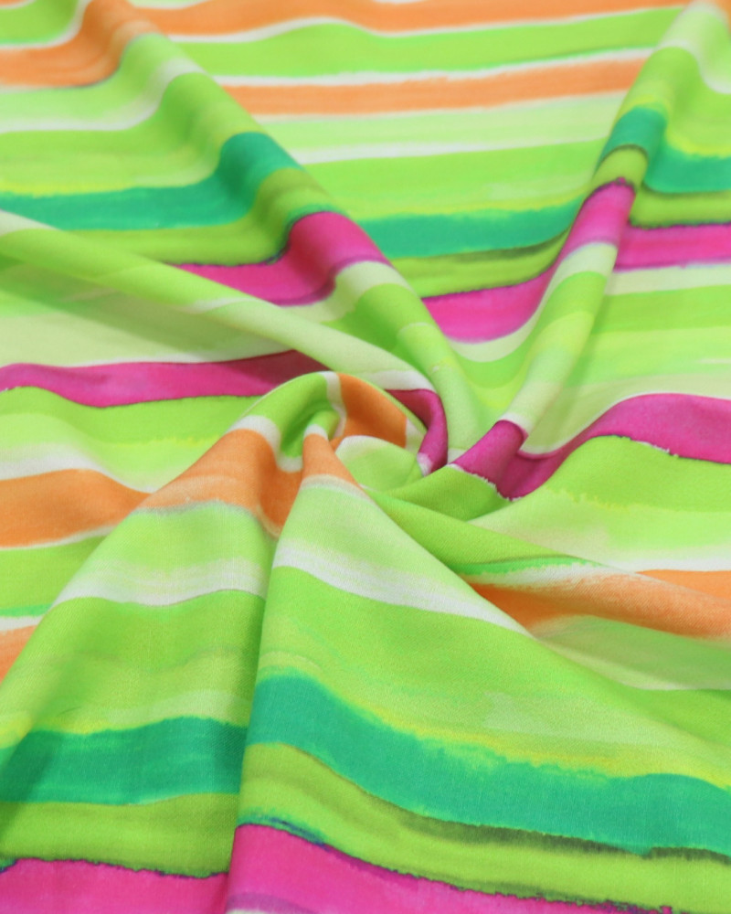 Tecido Viscose Italiano Listras em Aquarela Rosa, Coral e Tons de Verde