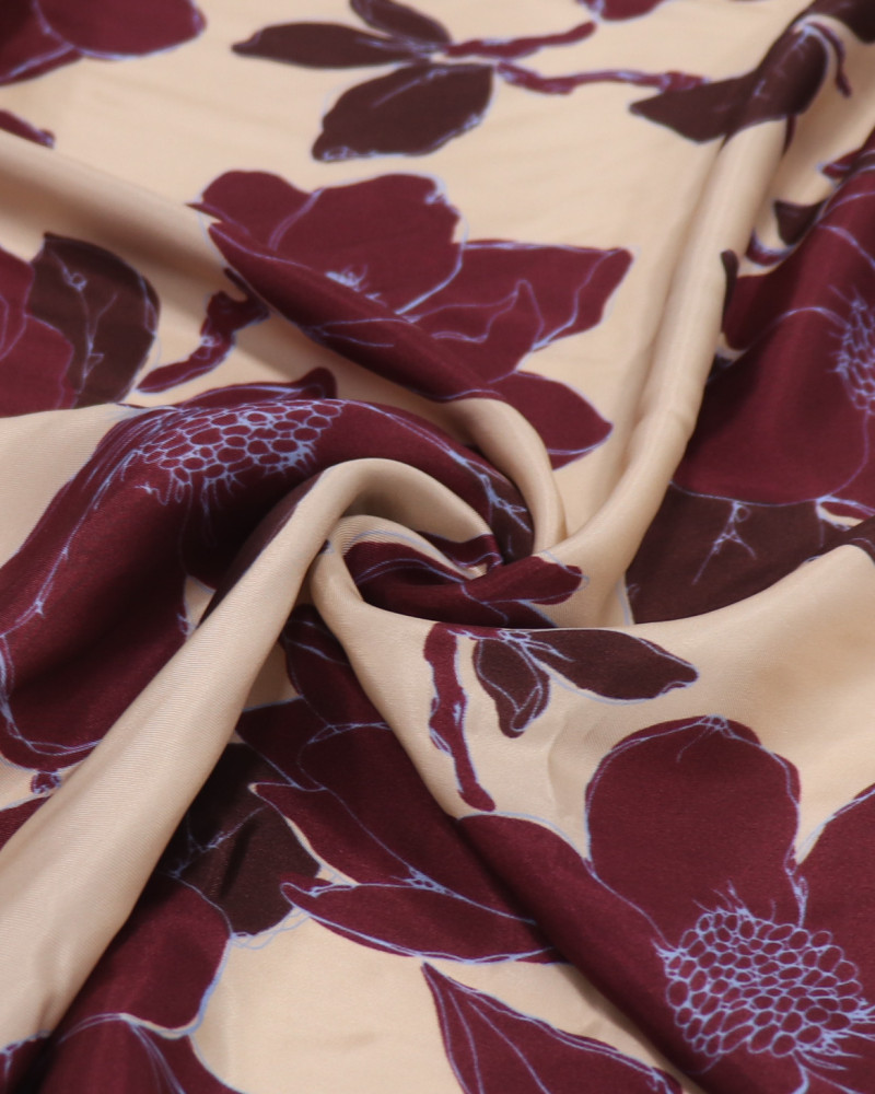Tecido Crepe Silk Italiano Macro Floral Azul, Borgonha e Pêssego