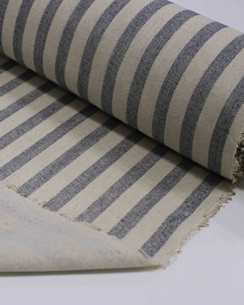Tecido Linho Misto Listrado Azul Marinho Noite e Cru