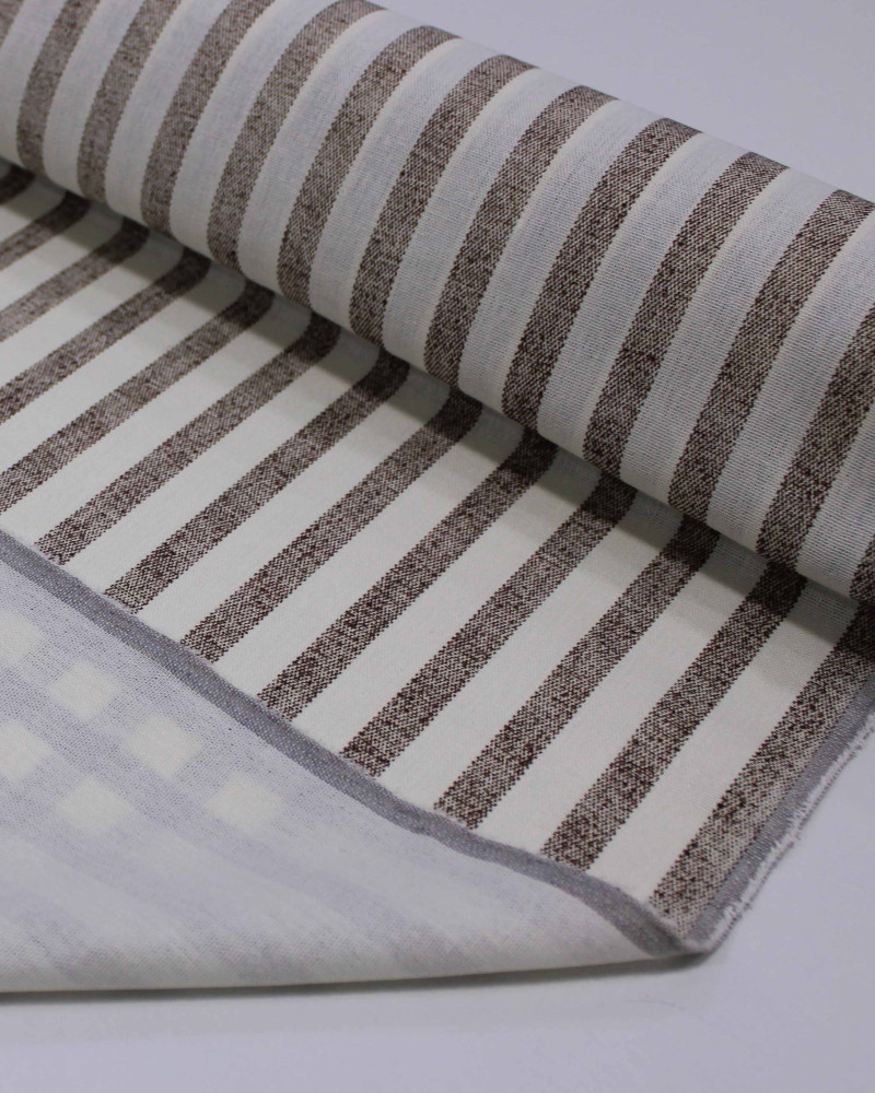 Tecido Linho Misto Listrado Marrom e Offwhite