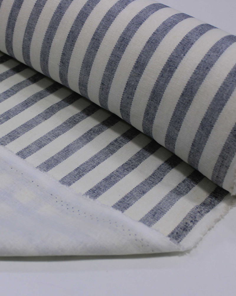 Tecido Linho Misto Listrado Azul Marinho Noite e Offwhite