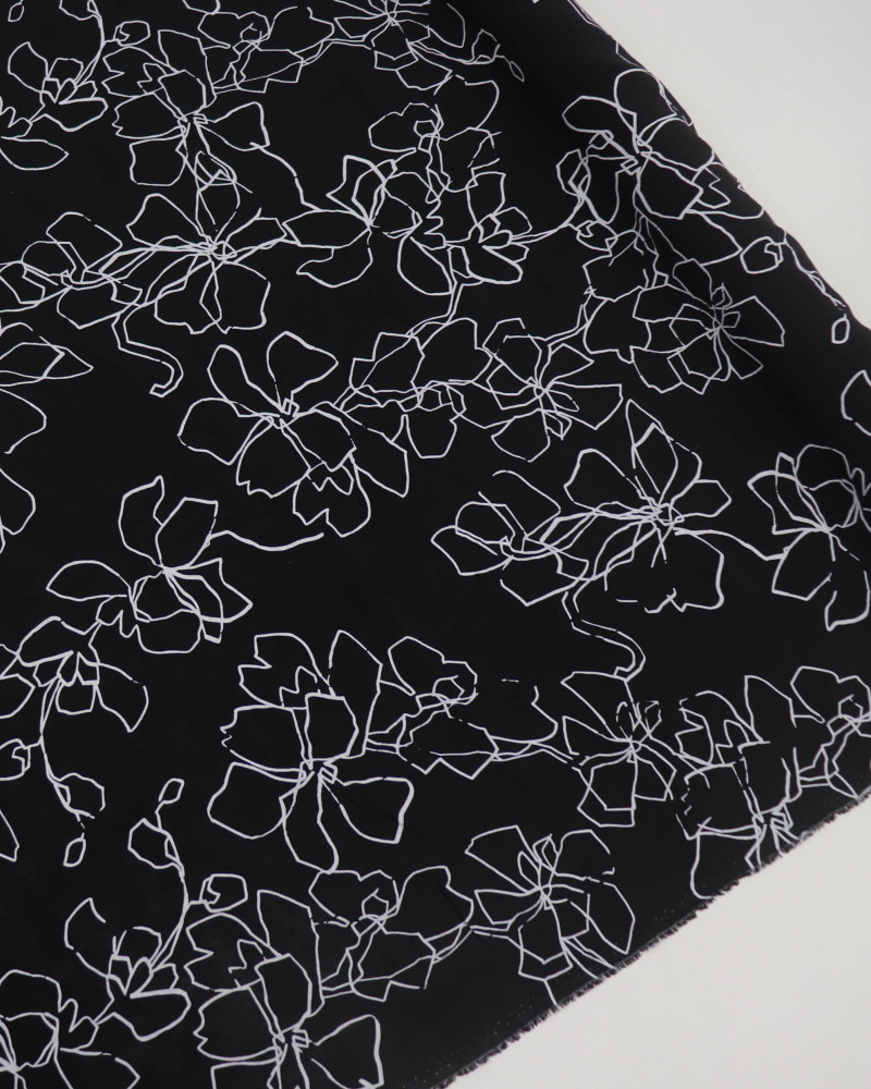 Tecido Crepe Fino Italiano Rascunho Floral Abstrato Cinza e Preto