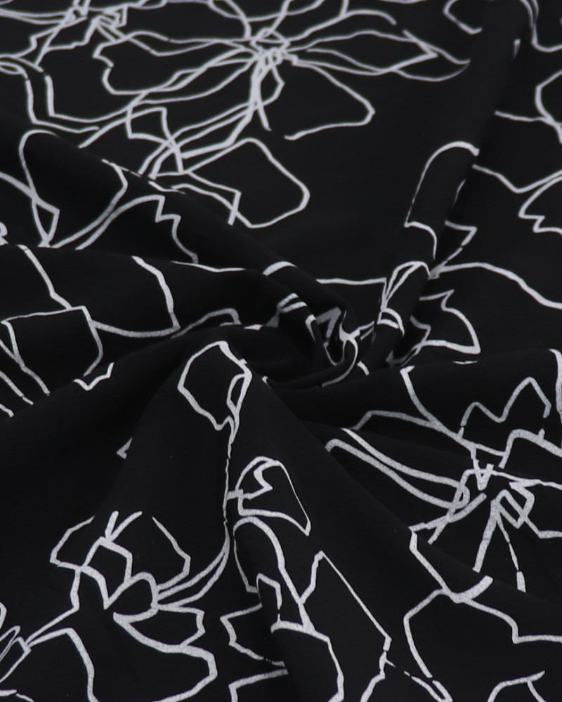 Tecido Crepe Fino Italiano Rascunho Floral Abstrato Cinza e Preto