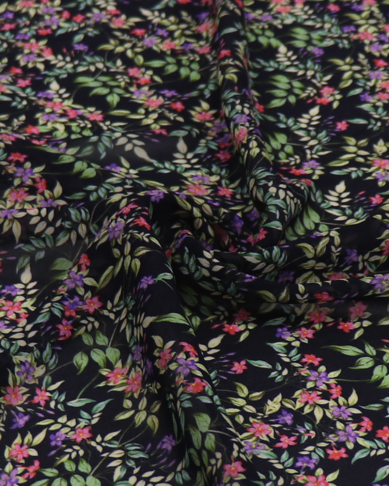 Tecido Crepe Chiffon Italiano Ramos Florais Lilás Vermelho e Preto