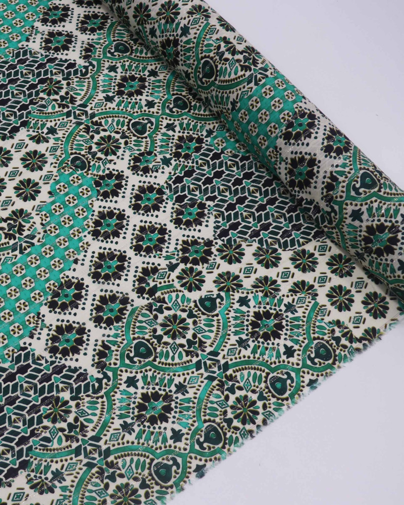 Tecido Viscose Italiano com Lurex Multi Estampado Preto e Tons de Verde
