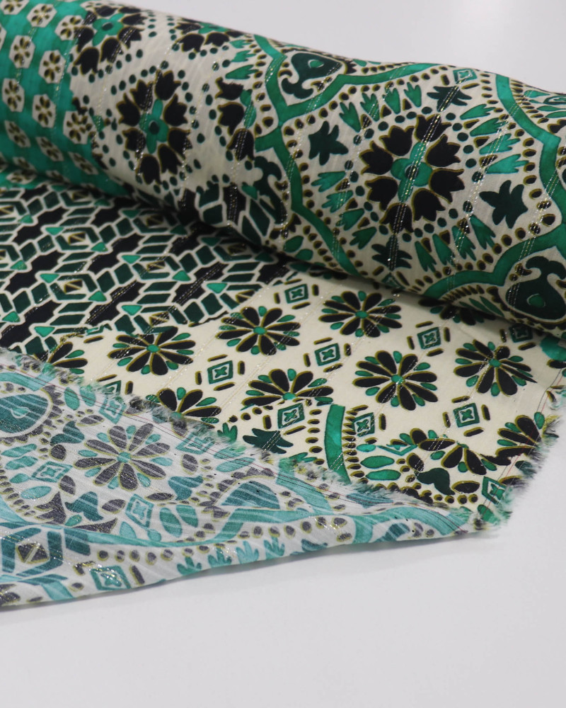 Tecido Viscose Italiano com Lurex Multi Estampado Preto e Tons de Verde