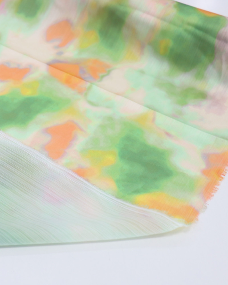 Tecido Crepe Chiffon Italiano Texturizado Acetinado Pintura Abstrata Laranja e Verde