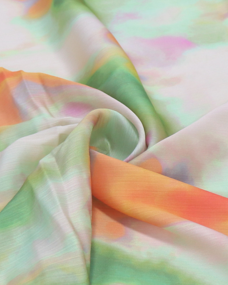 Tecido Crepe Chiffon Italiano Texturizado Acetinado Pintura Abstrata Laranja e Verde