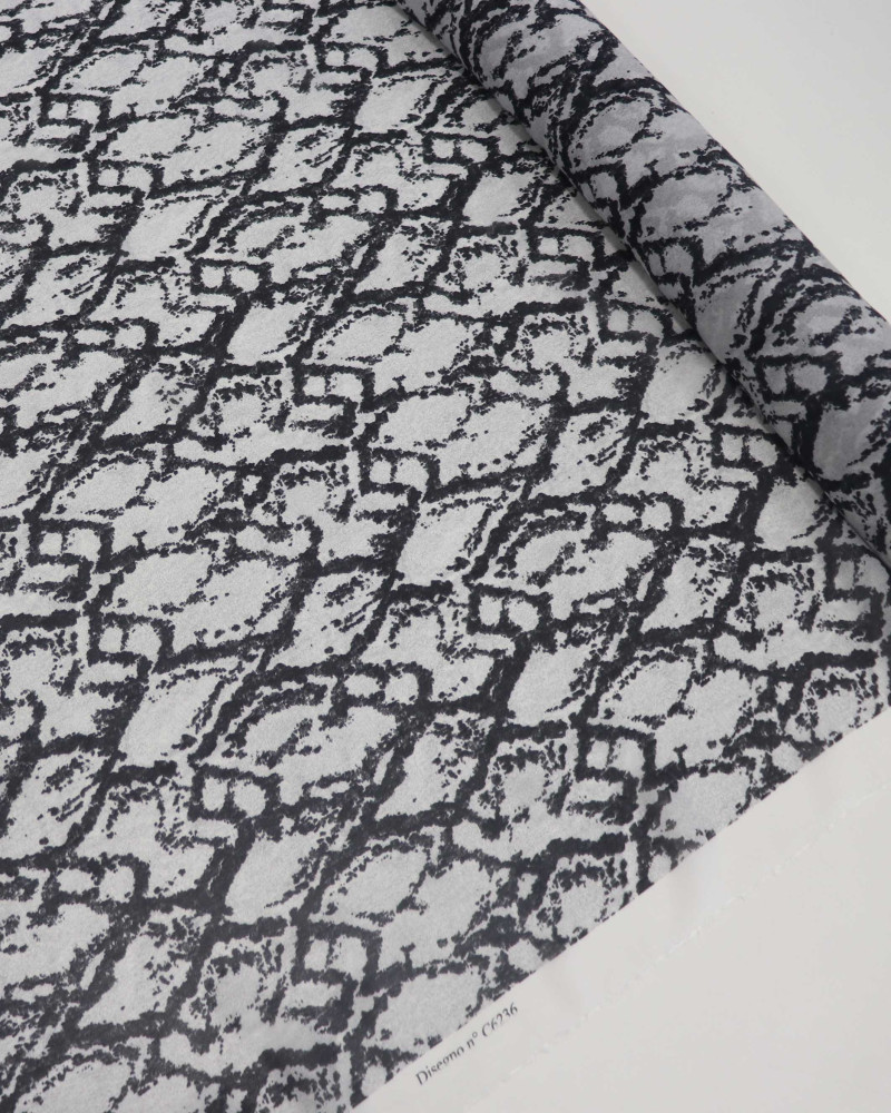 Tecido Crepe Chiffon Italiano Estampa Abstrata Cinza e Preto