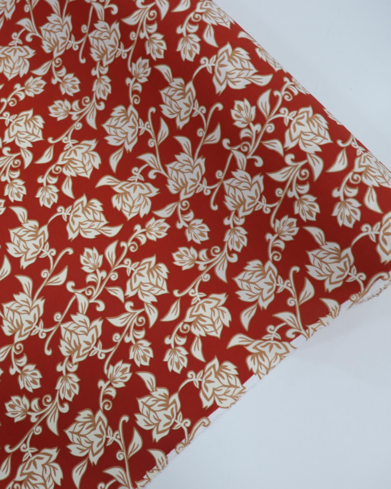 Tecido Crepe Koshibo Ramos e Flores Offwhite e Vermelho
