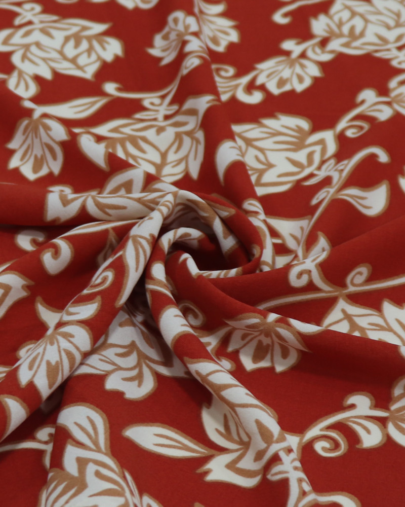 Tecido Crepe Koshibo Ramos e Flores Offwhite e Vermelho