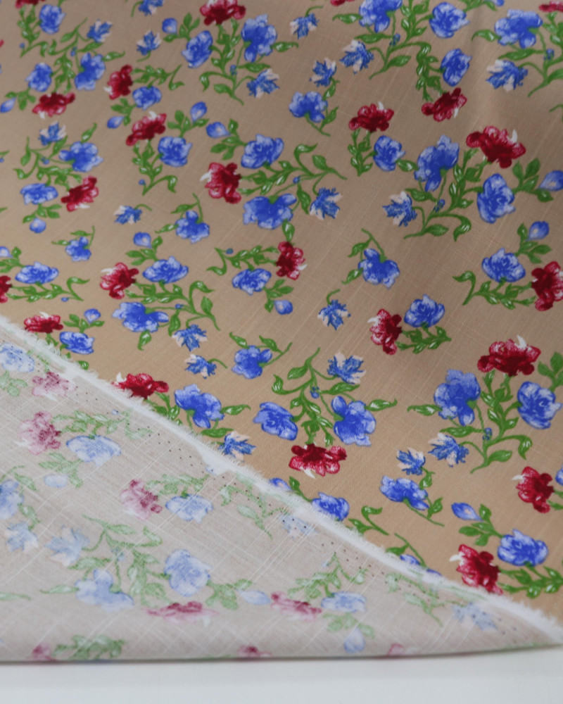 Tecido Viscose Texturizada Liberty Vermelho, Azul e Nude