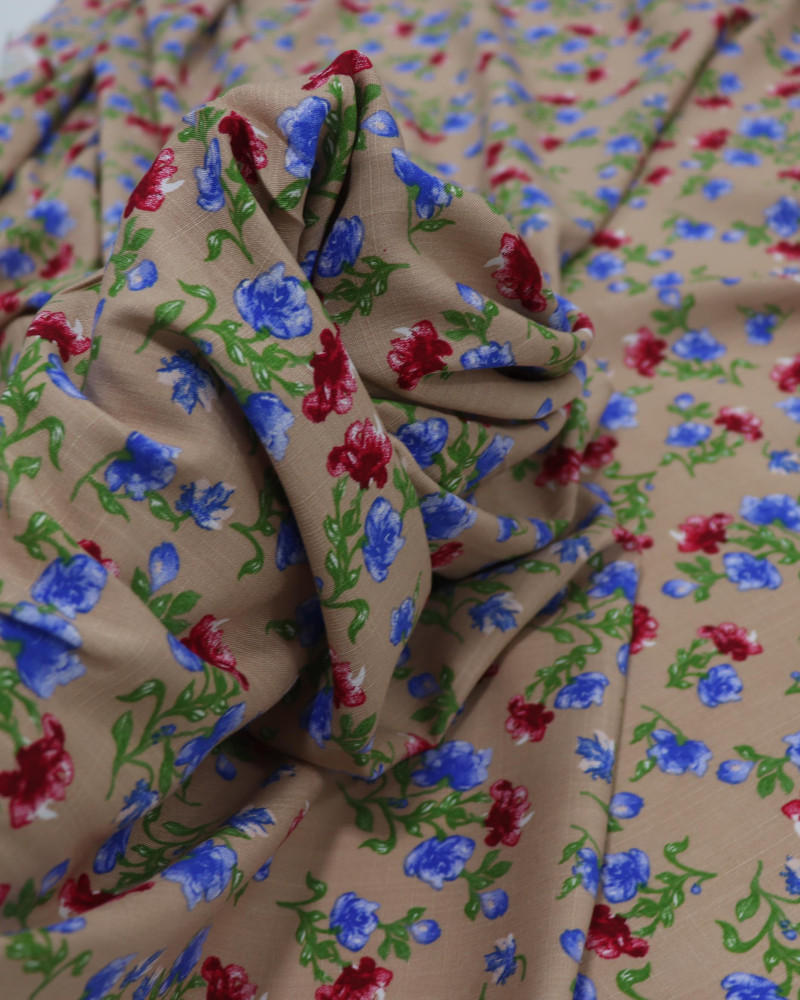 Tecido Viscose Texturizada Liberty Vermelho, Azul e Nude