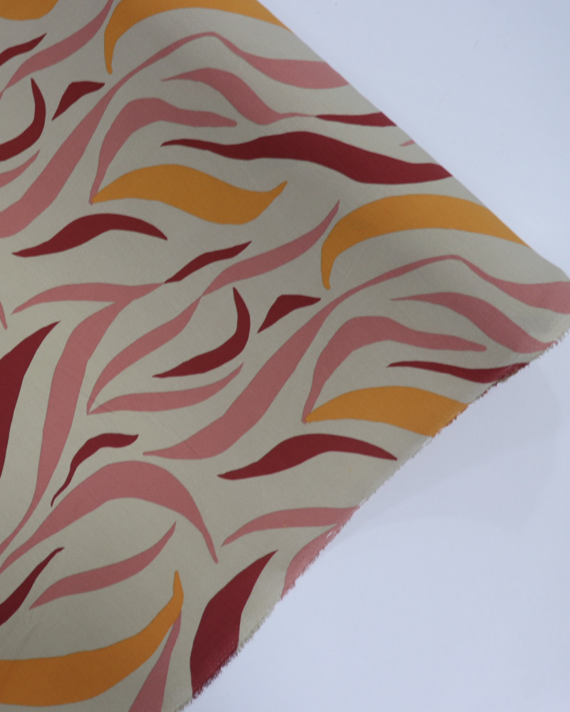 Tecido Crepe Koshibo Estampa Ondulada Abstrata Amarelo, Marsala e Rosa