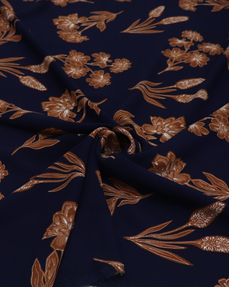 Tecido Crepe Koshibo Estampa Floral Marrom e Azul Marinho