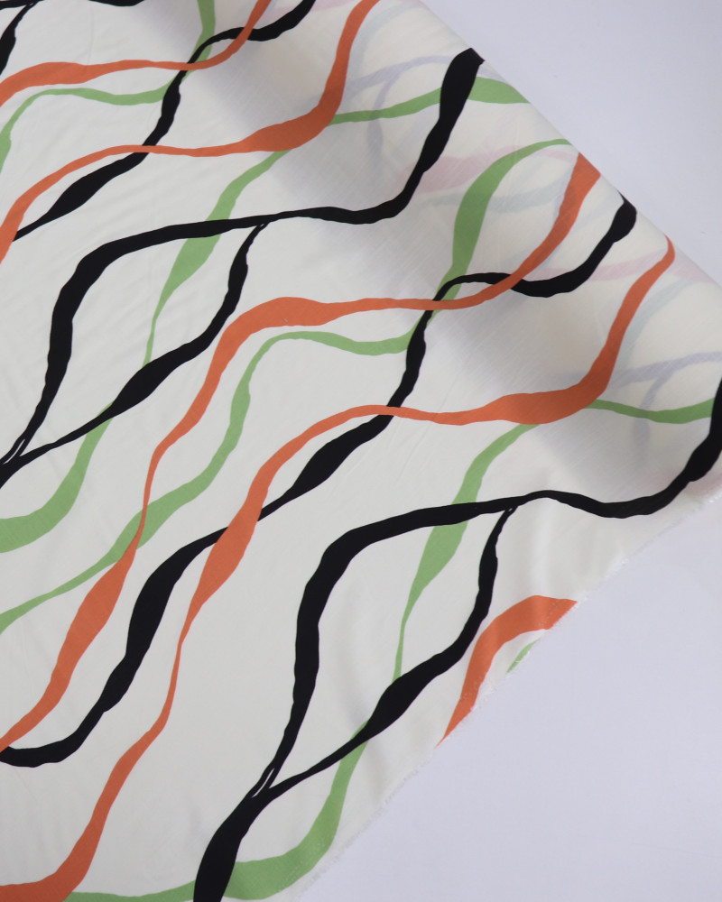 Tecido Viscose Texturizada Listras Onduladas Preto, Verde e Coral