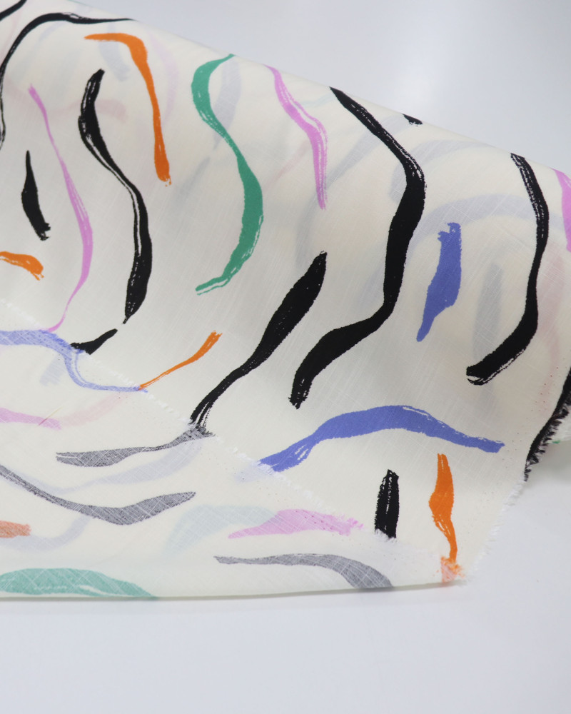 Tecido Viscose Texturizada Macro Riscos Colorido e Offwhite