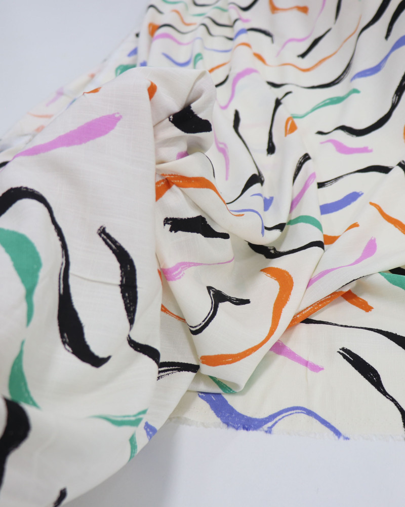 Tecido Viscose Texturizada Macro Riscos Colorido e Offwhite