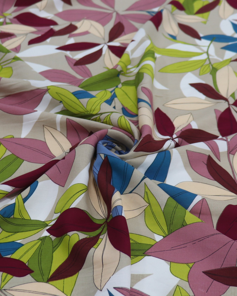 Tecido Viscose Folhas Coloridas e Bege