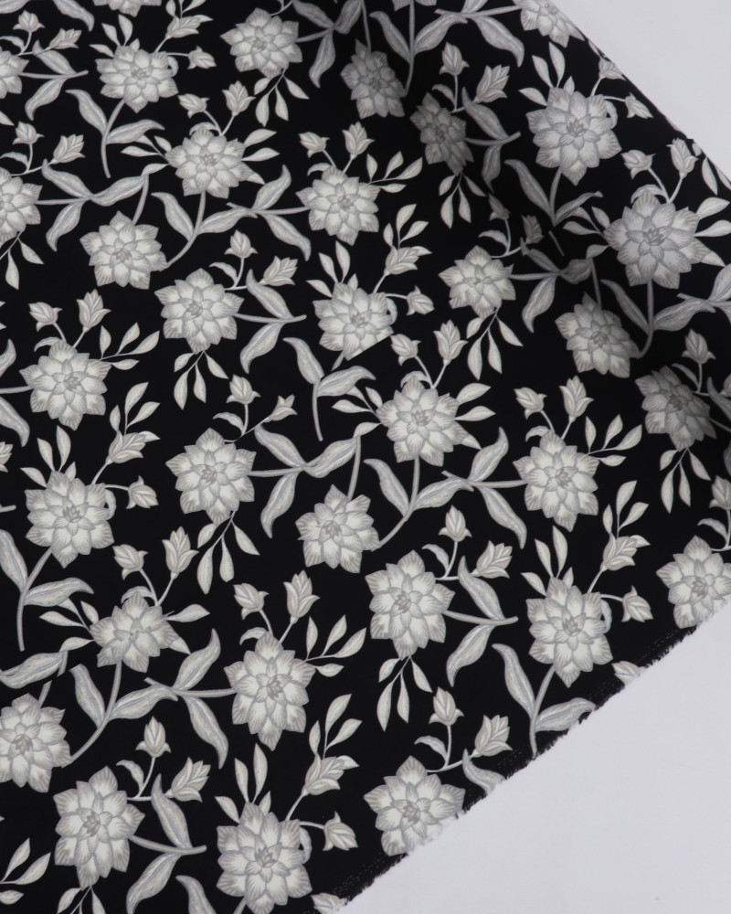 Tecido Viscose Texturizada Flor de Lótus Cinza e Preto
