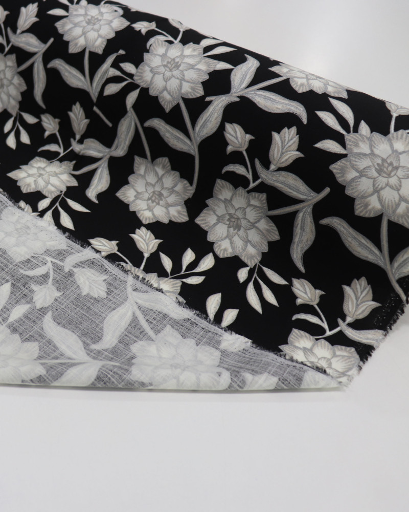 Tecido Viscose Texturizada Flor de Lótus Cinza e Preto