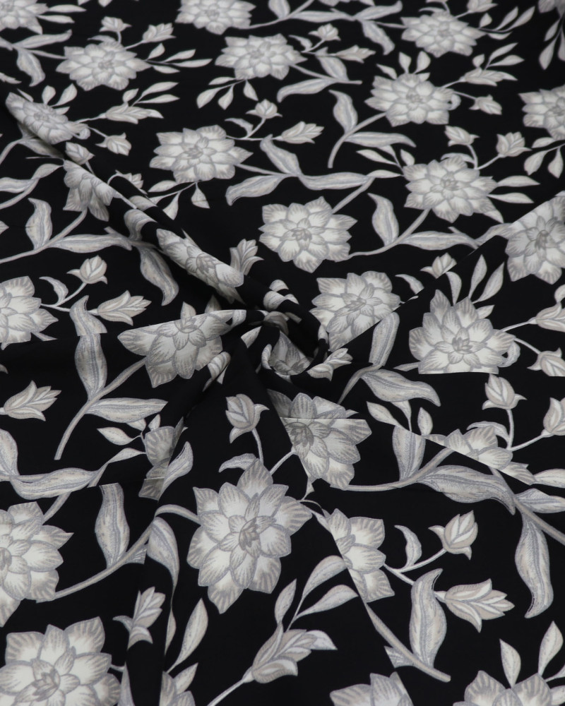 Tecido Viscose Texturizada Flor de Lótus Cinza e Preto