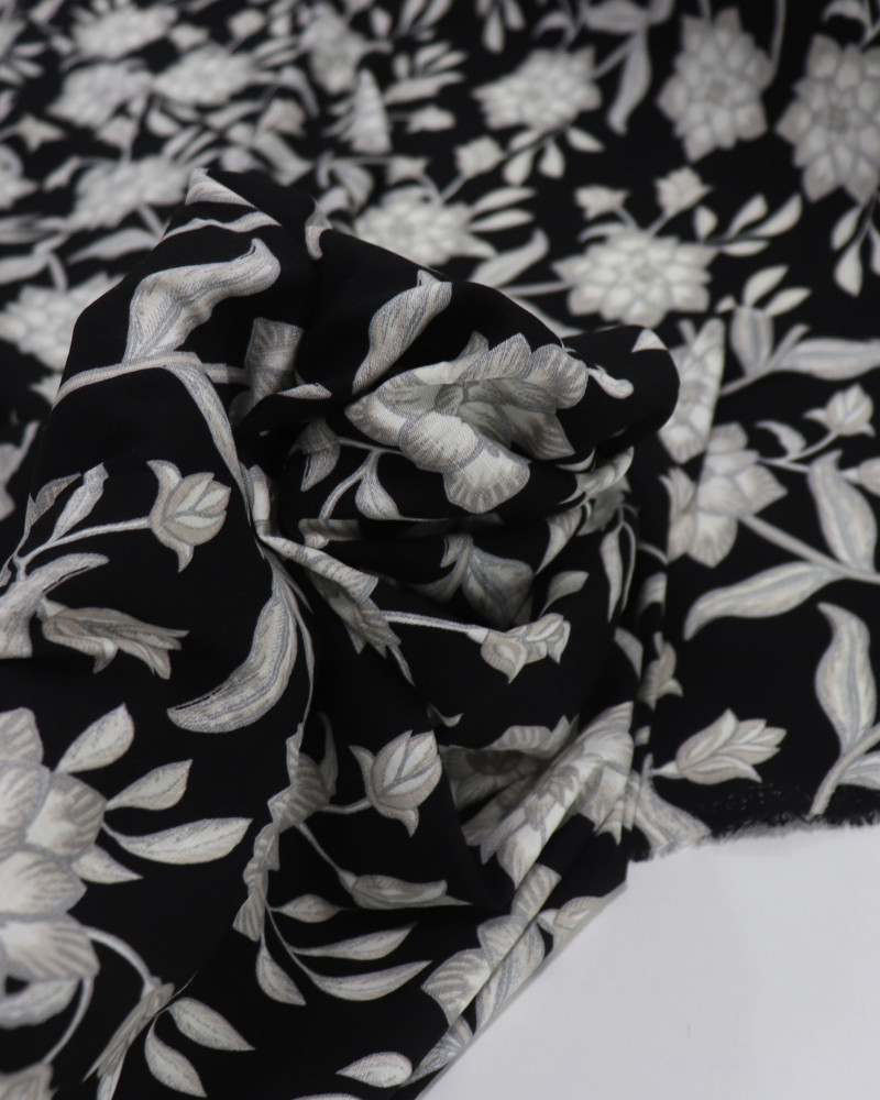 Tecido Viscose Texturizada Flor de Lótus Cinza e Preto