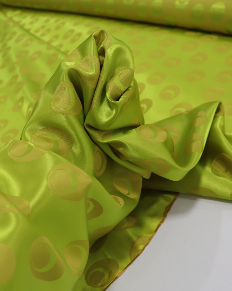 Tecido Cetim Italiano Brocado Circulares Amarelo e Verde Lima