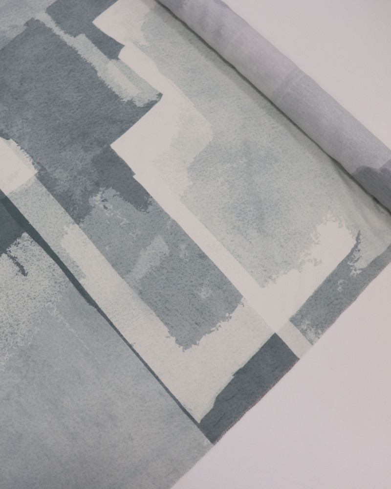 Tecido Cambraia de Linho Italiano Pintura Abstrata Offwhite e Tons de Cinza