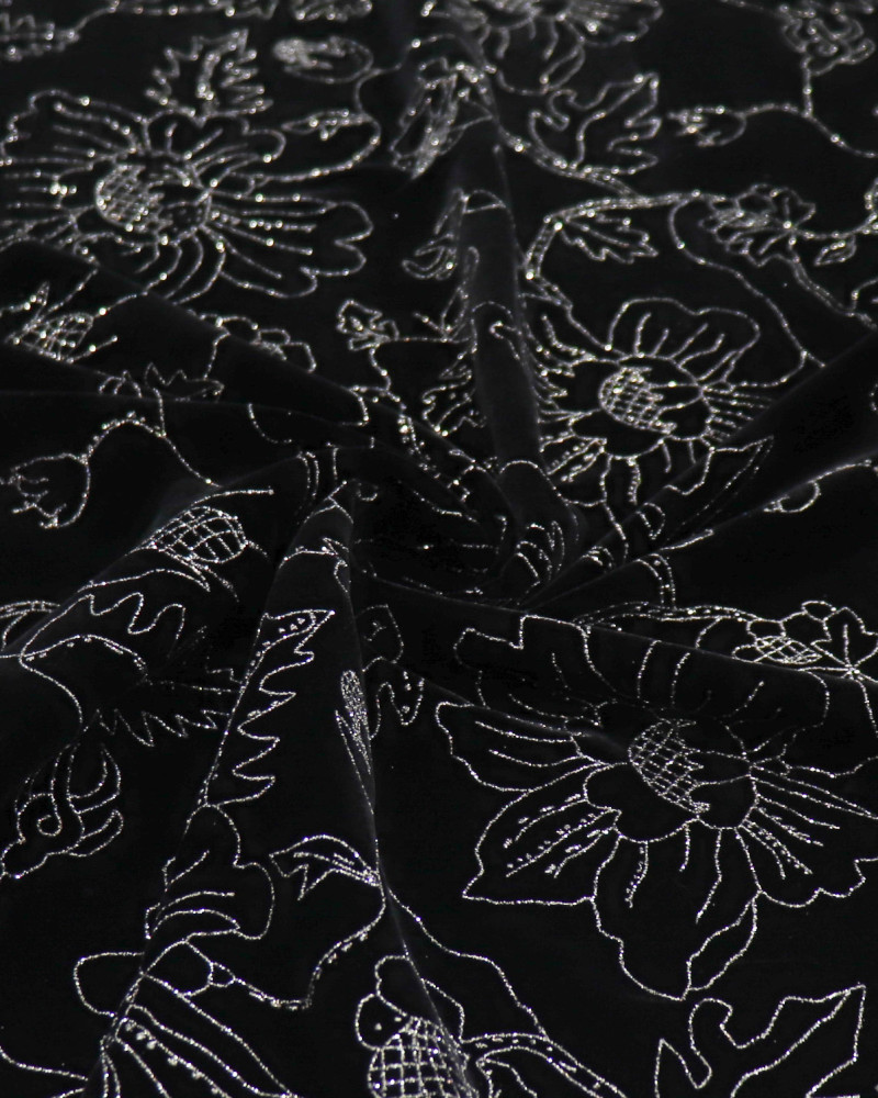 Tecido Veludo Cristal Italiano Flores com Lurex Preto