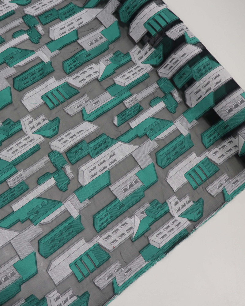 Tecido Organza Bordado Italiano Verde Tiffany e Cinza