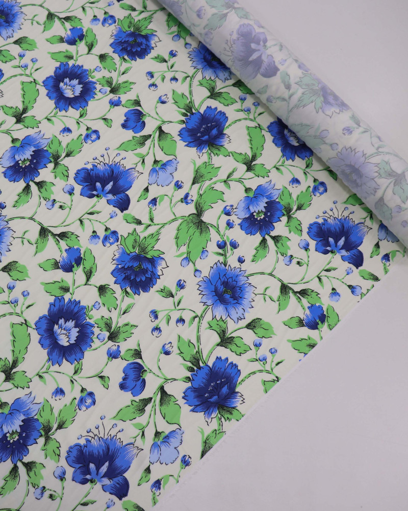 Tecido Viscose Italiano Flores Azuis, Verde e Creme