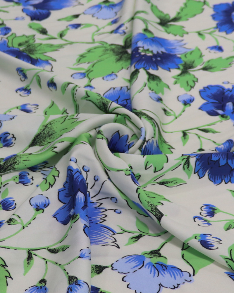 Tecido Viscose Italiano Flores Azuis, Verde e Creme