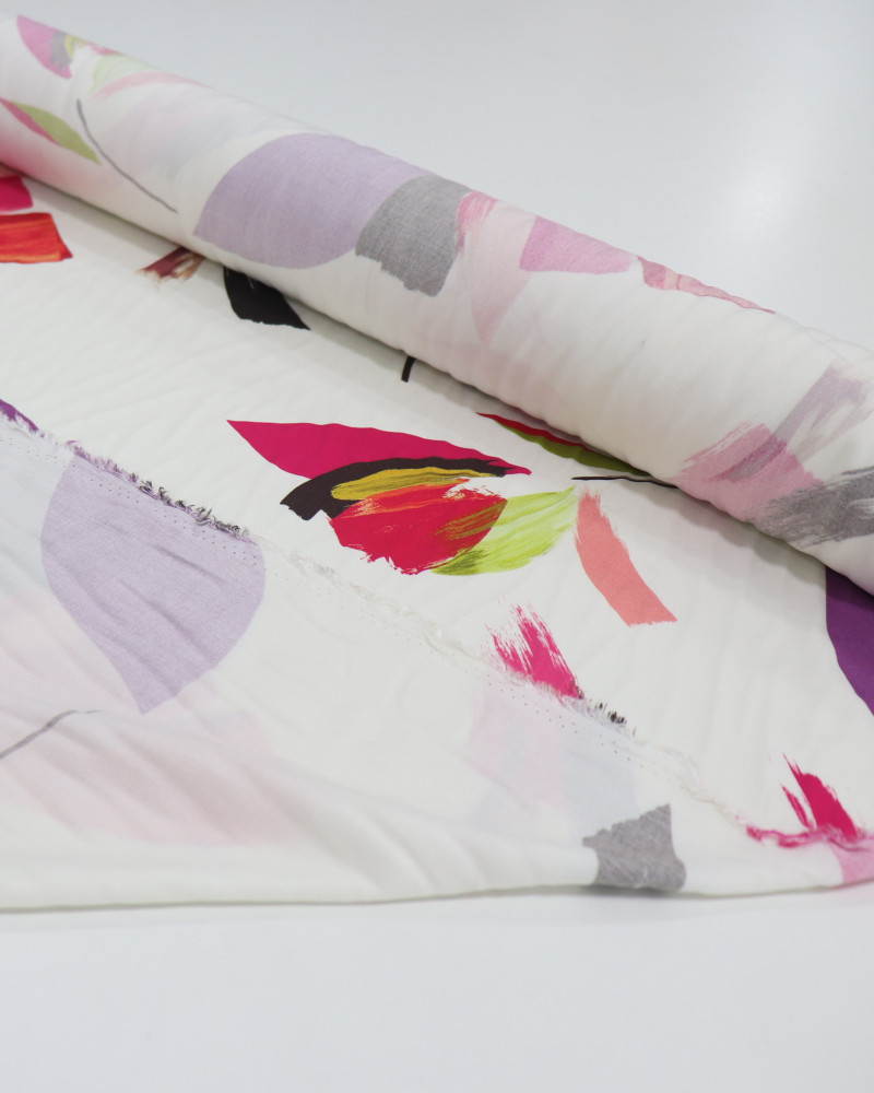 Tecido Viscose Italiano Pincelada Floral Colorido e Creme