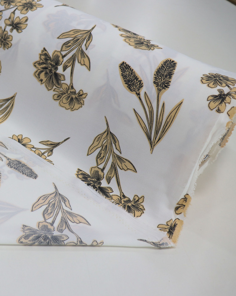 Tecido Crepe Koshibo Multi Floral Bege e Offwhite
