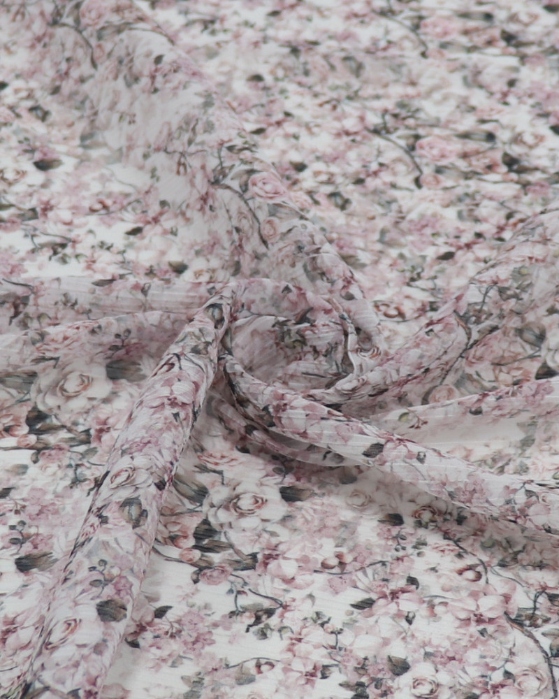 Tecido Crepe Chiffon Italiano Texturizado Micro Roseiras Rosé e Branco