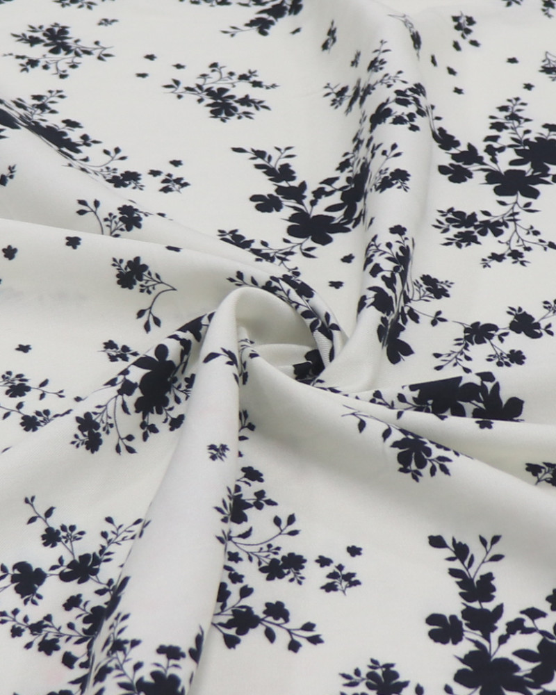 Tecido Viscose Italiano Acetinada Ramos Preto e Offwhite