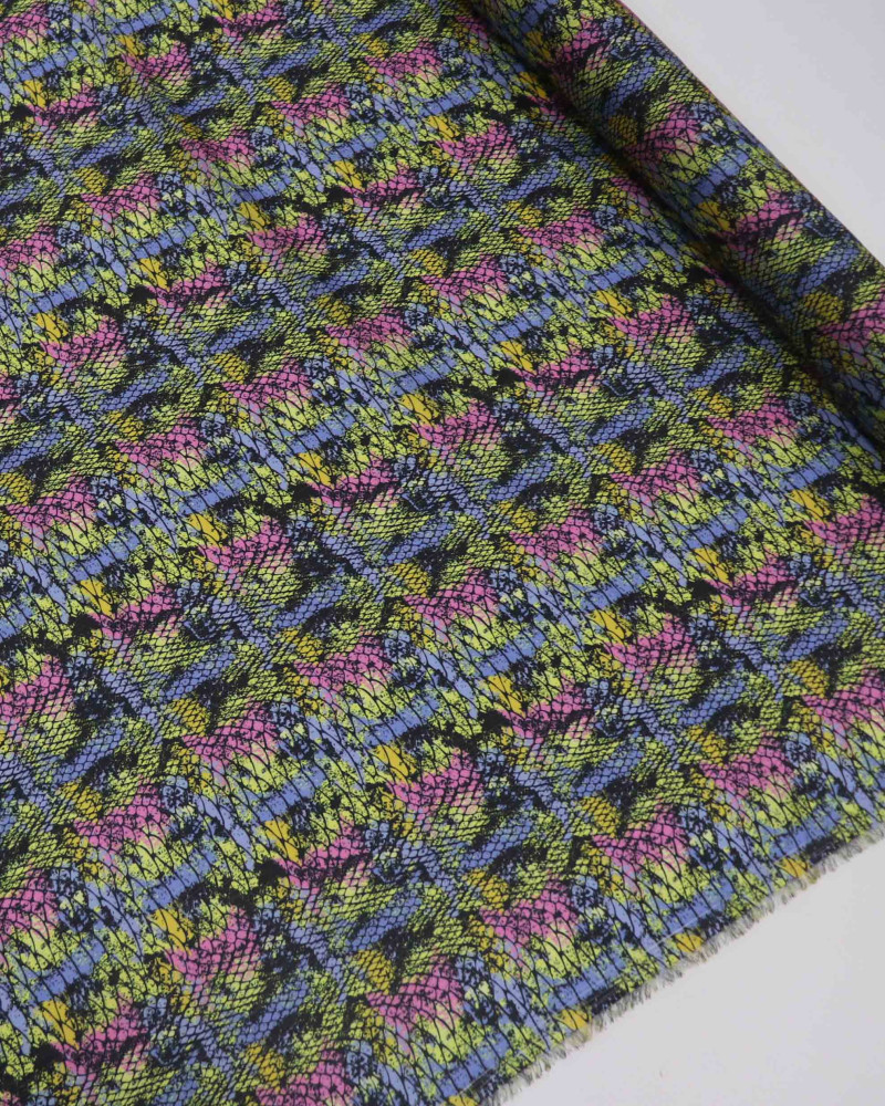 Tecido Crepe Chiffon Italiano Grosso Acetinado Escamas Abstratas Colorido