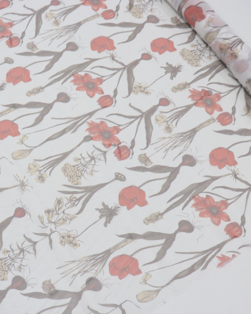 Tecido Crepe Chiffon Italiano Ramos Florais Vermelho, Creme e Branco