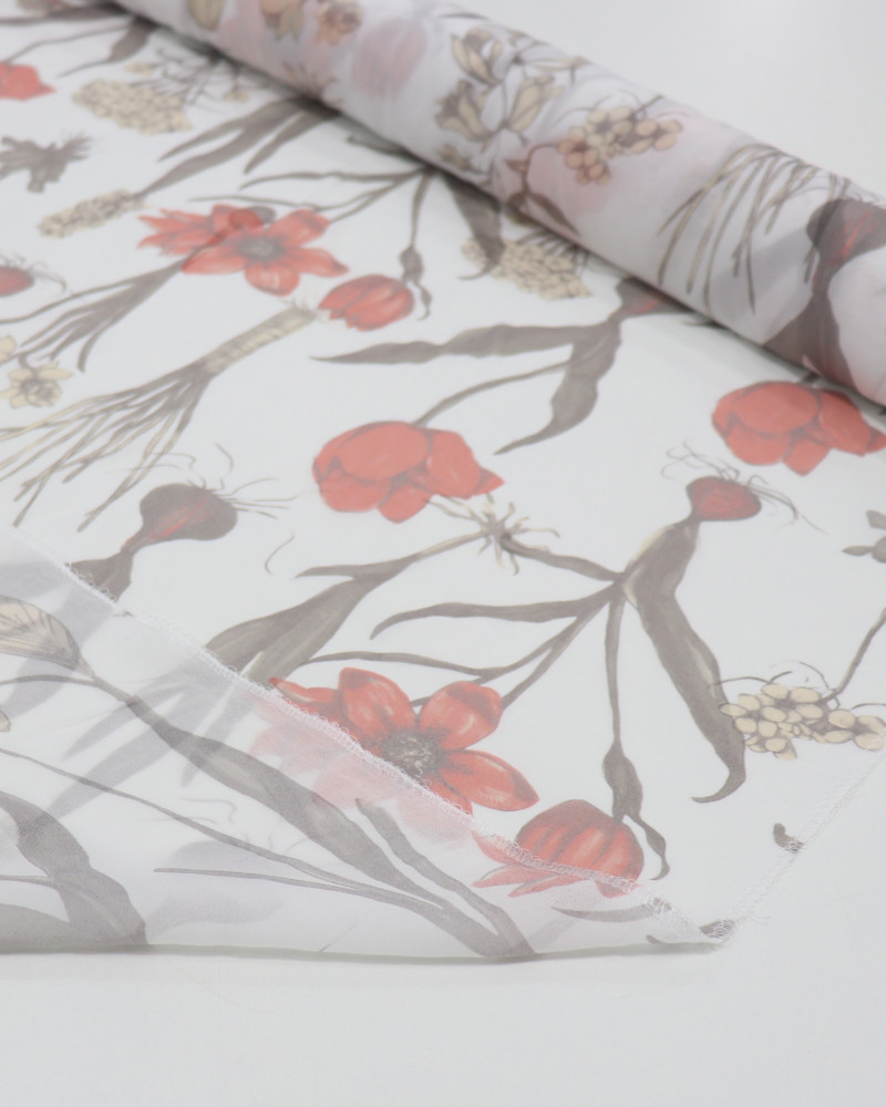 Tecido Crepe Chiffon Italiano Ramos Florais Vermelho, Creme e Branco