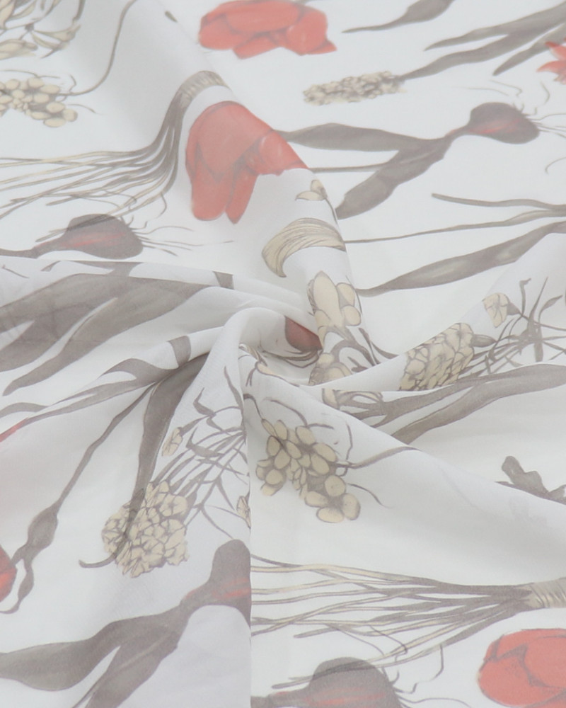 Tecido Crepe Chiffon Italiano Ramos Florais Vermelho, Creme e Branco