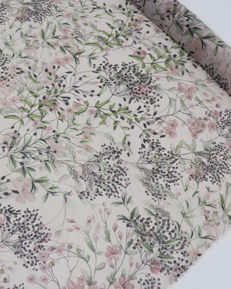 Tecido Crepe Chiffon Italiano Multi Ramos Florais Verde, Rosé e Nude