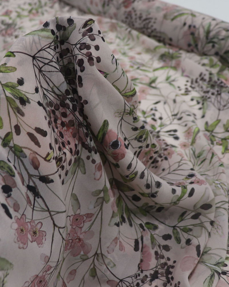 Tecido Crepe Chiffon Italiano Multi Ramos Florais Verde, Rosé e Nude