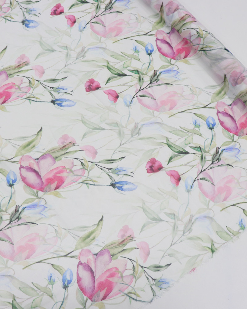 Tecido Crepe Chiffon Italiano Texturizado Macro Ramos Florais Colorido e Branco