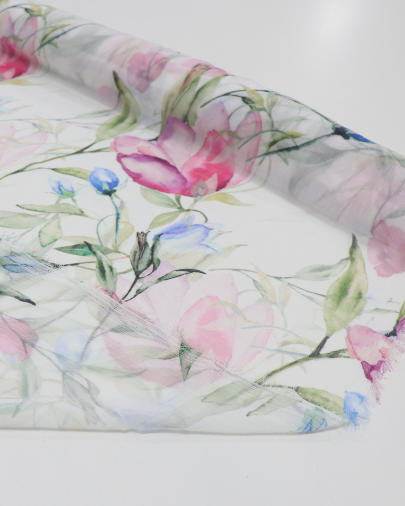 Tecido Crepe Chiffon Italiano Texturizado Macro Ramos Florais Colorido e Branco