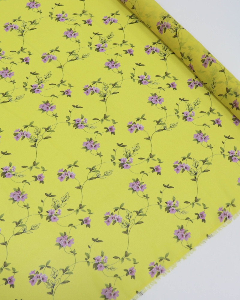 Tecido Crepe Chiffon Italiano Ramos Florais Lilás, Verde e Amarelo