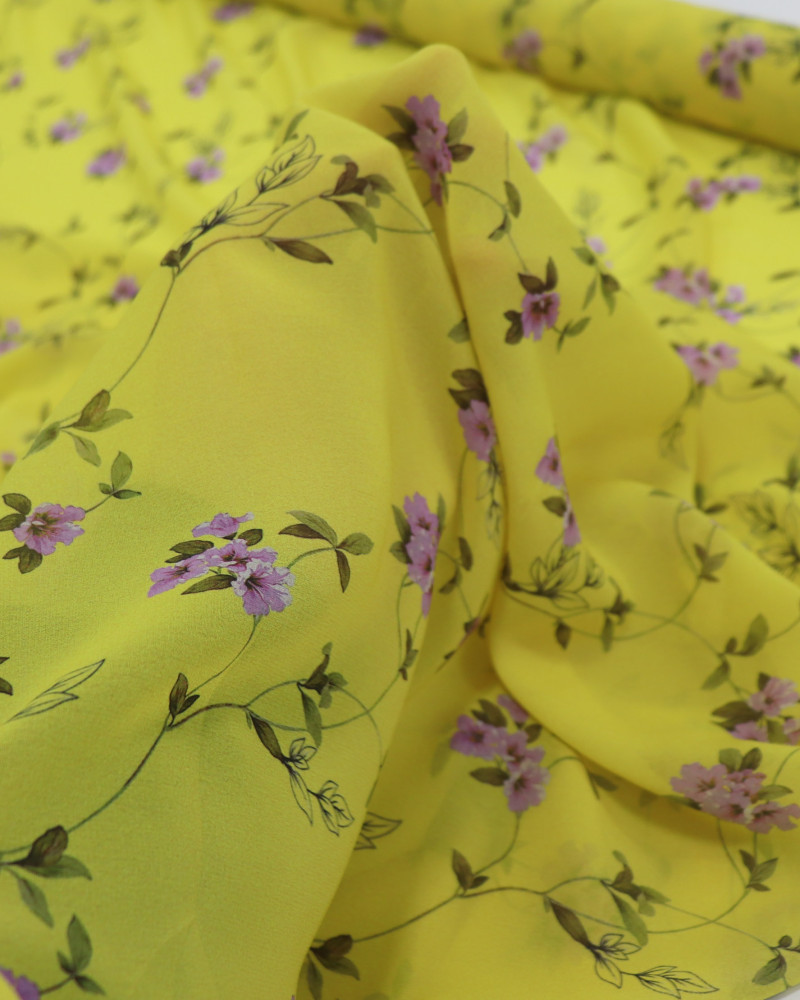 Tecido Crepe Chiffon Italiano Ramos Florais Lilás, Verde e Amarelo