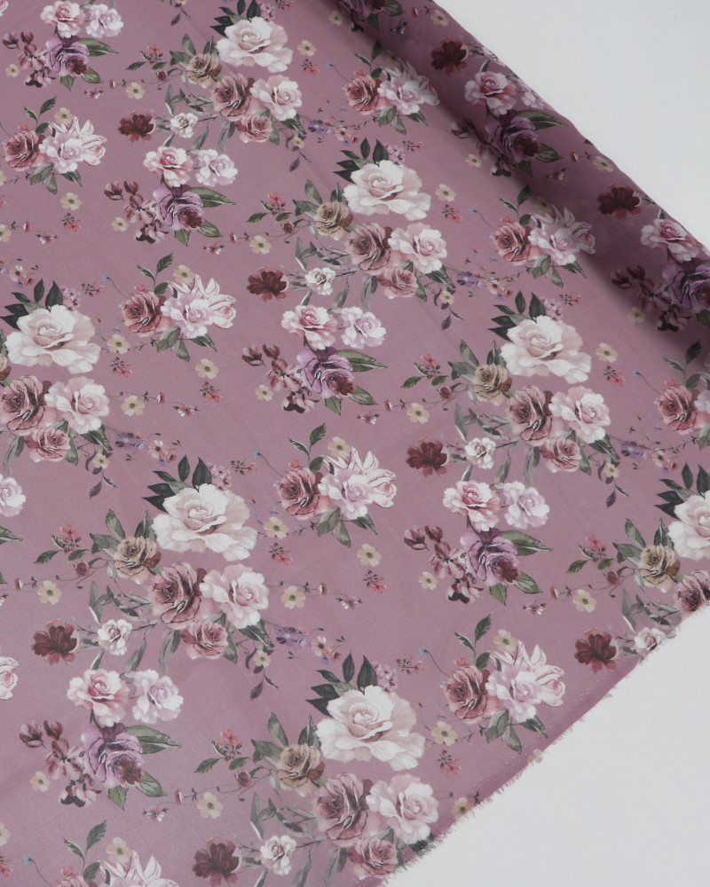 Tecido Crepe Chiiffon Italiano Buquê Floral Tons de Rosa e Framboesa