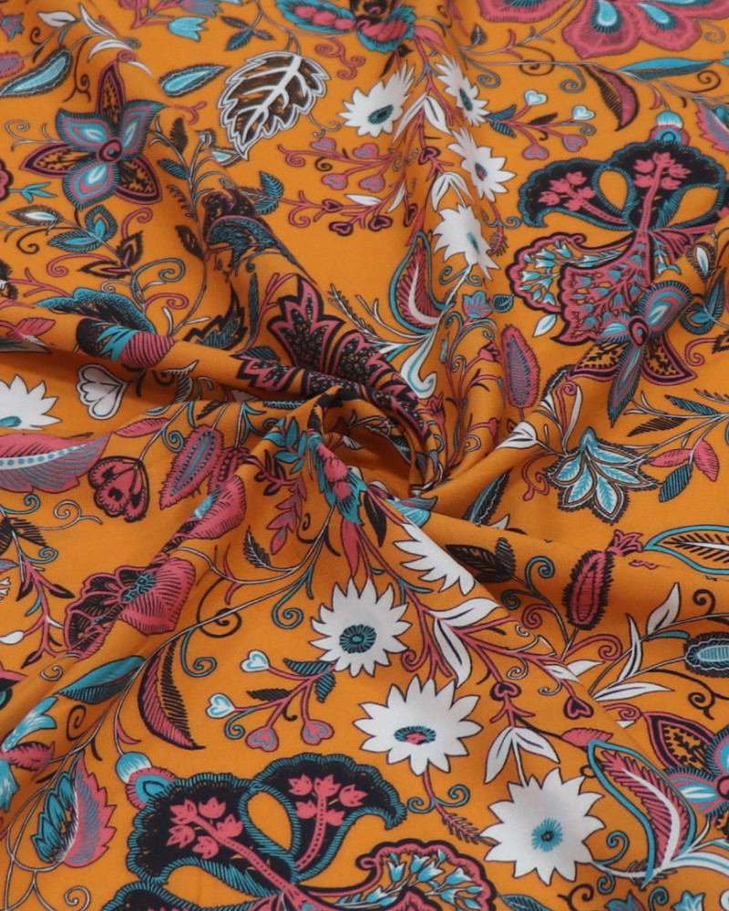 Tecido Viscose Fina Italiano Tapete Floral Colorido e Laranja